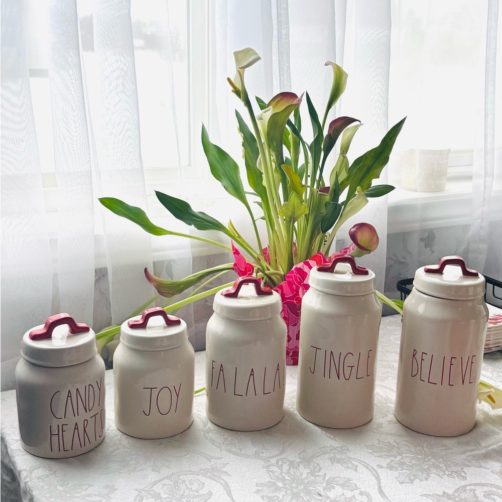 Rae Dunn 5 piece Christmas Canister Collection - Cream with Red Highlights